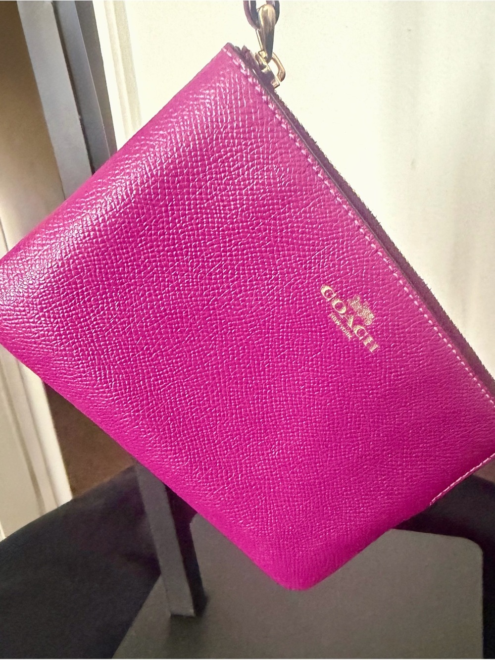 Coach Fuchsia Saffiano Leather Wristlet Pouch with Gold Logo